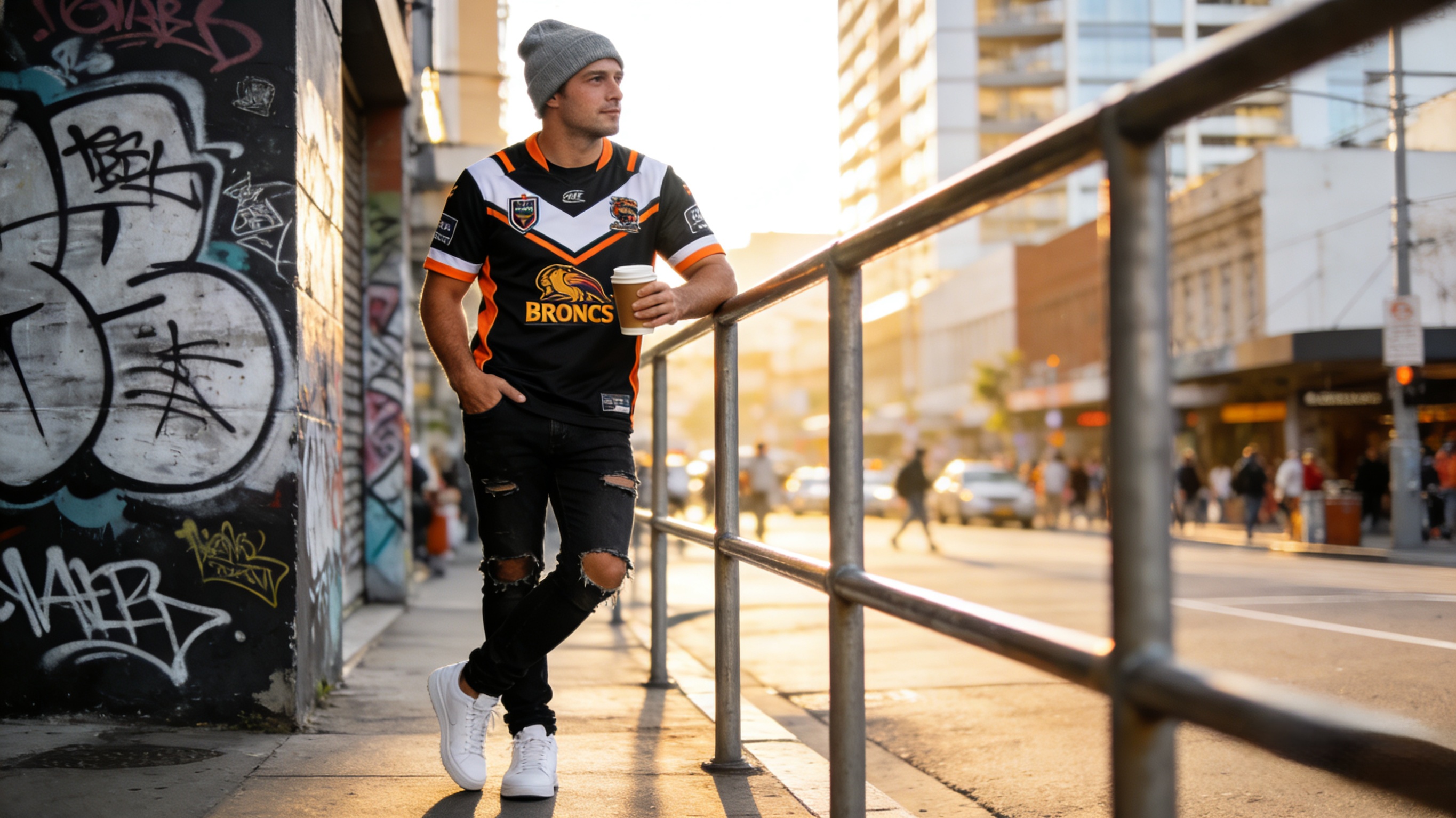Brisbane Broncos Black Jersey: The Ultimate NRL Modern Classic 6 A fan wearing a Brisbane Broncos black jersey in the city