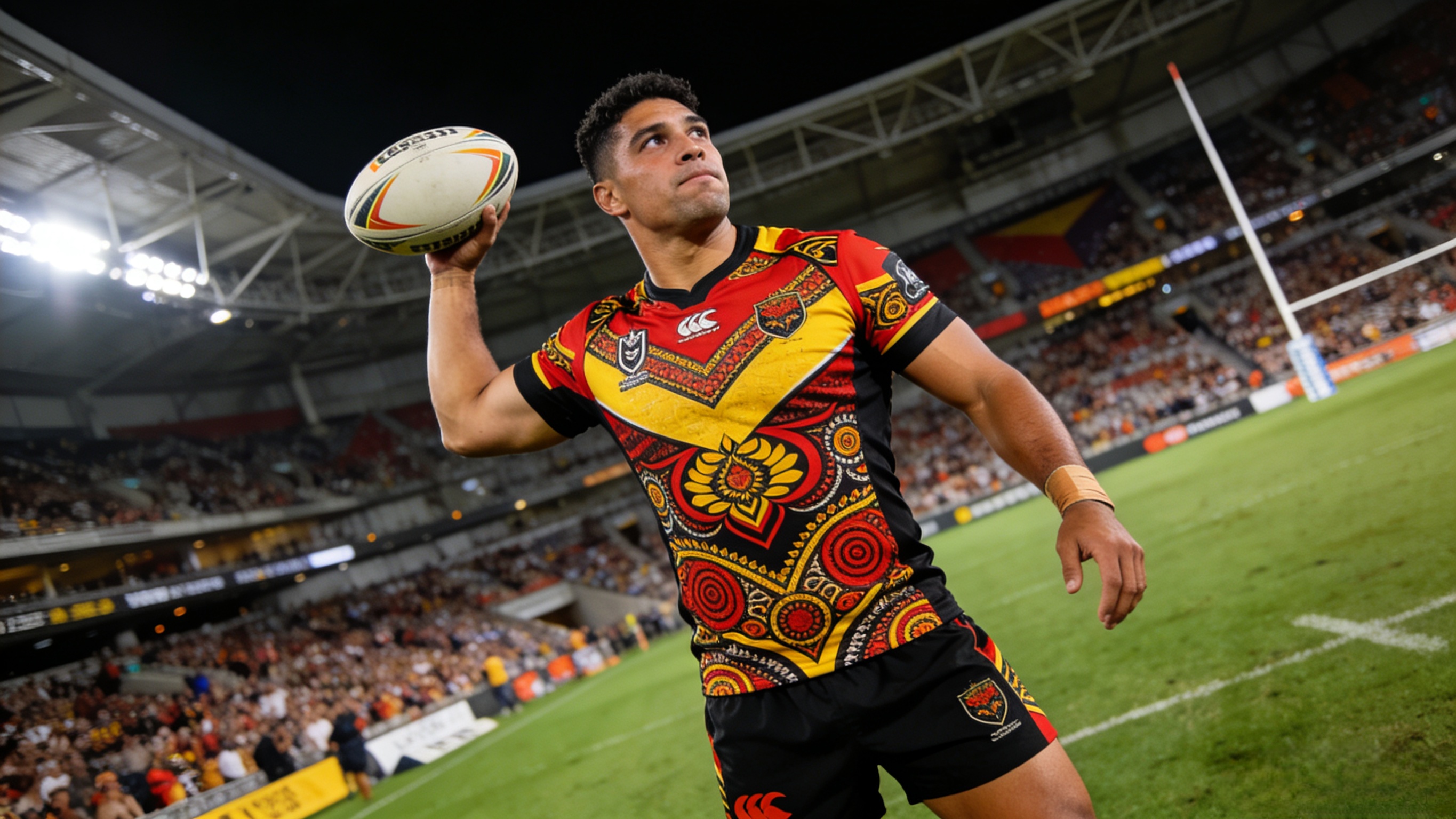 Indigenous Rugby Jersey - Cultural Roots & Designs on the Field 8 Close-up detail of an Indigenous rugby jersey with intricate dot art
