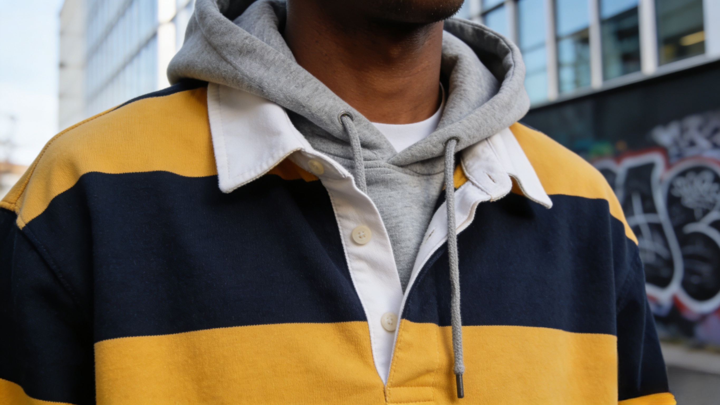 A fan demonstrating layering with a rugby jersey and hoodie