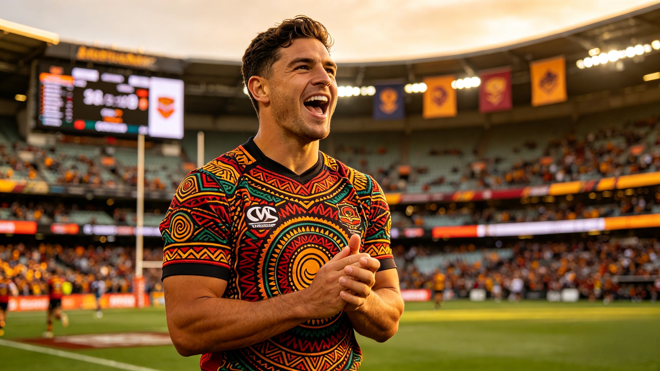 Indigenous Jersey: The Cultural Legacy of NRL & AFL Match-Day Art 1 A passionate fan wearing an Indigenous jersey at a match