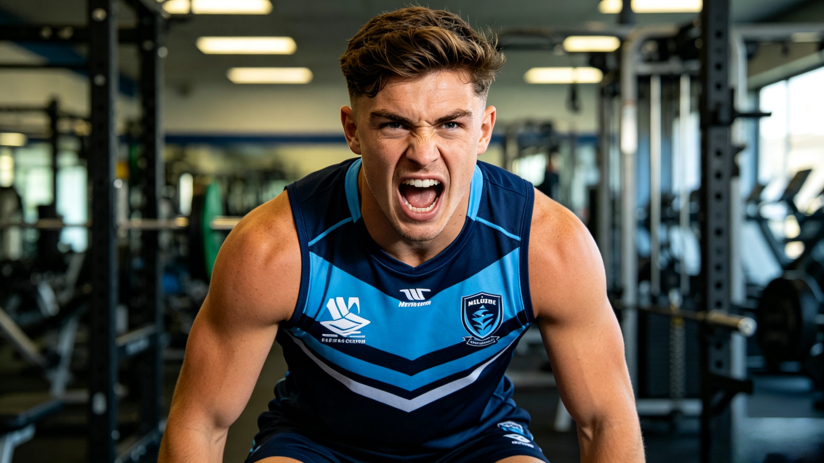 Melbourne Storm Gear: The Ultimate NRL Apparel Guide 4 Fan wearing Melbourne Storm training gear in a gym