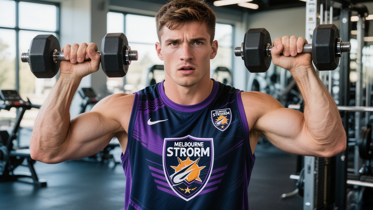 Melbourne Storm Gear: The Ultimate NRL Apparel Guide 4 Fan wearing Melbourne Storm training gear in a gym