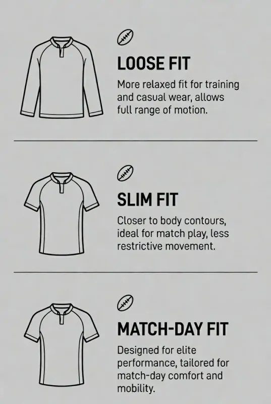 Rugby jersey fit guide showing loose fit, slim fit, and match-day fit