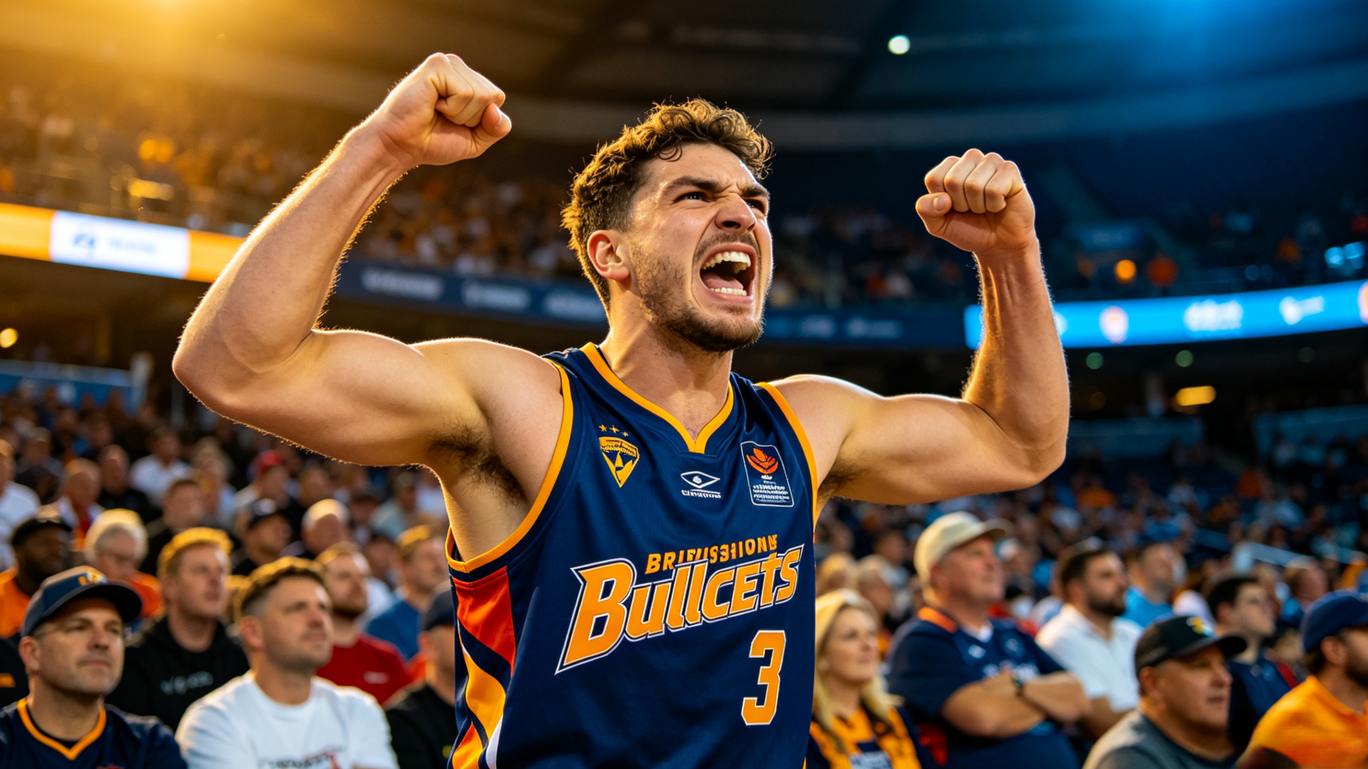 Fan wearing a Brisbane Bullets jersey at a match