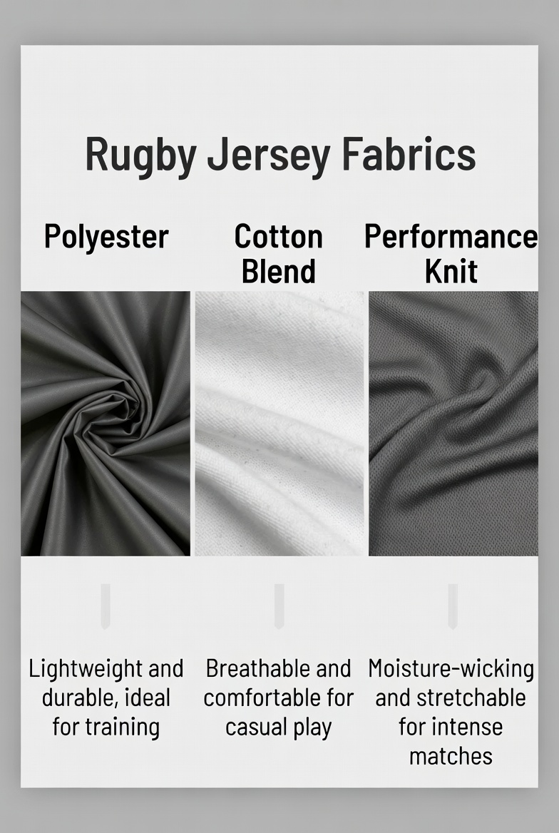 Common rugby jersey fabrics including polyester cotton blends and performance knit