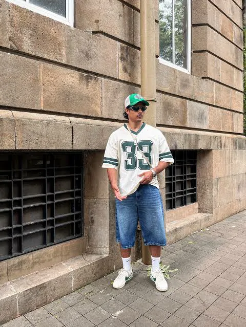 Rugby jersey styled for streetwear with jacket and sneakers